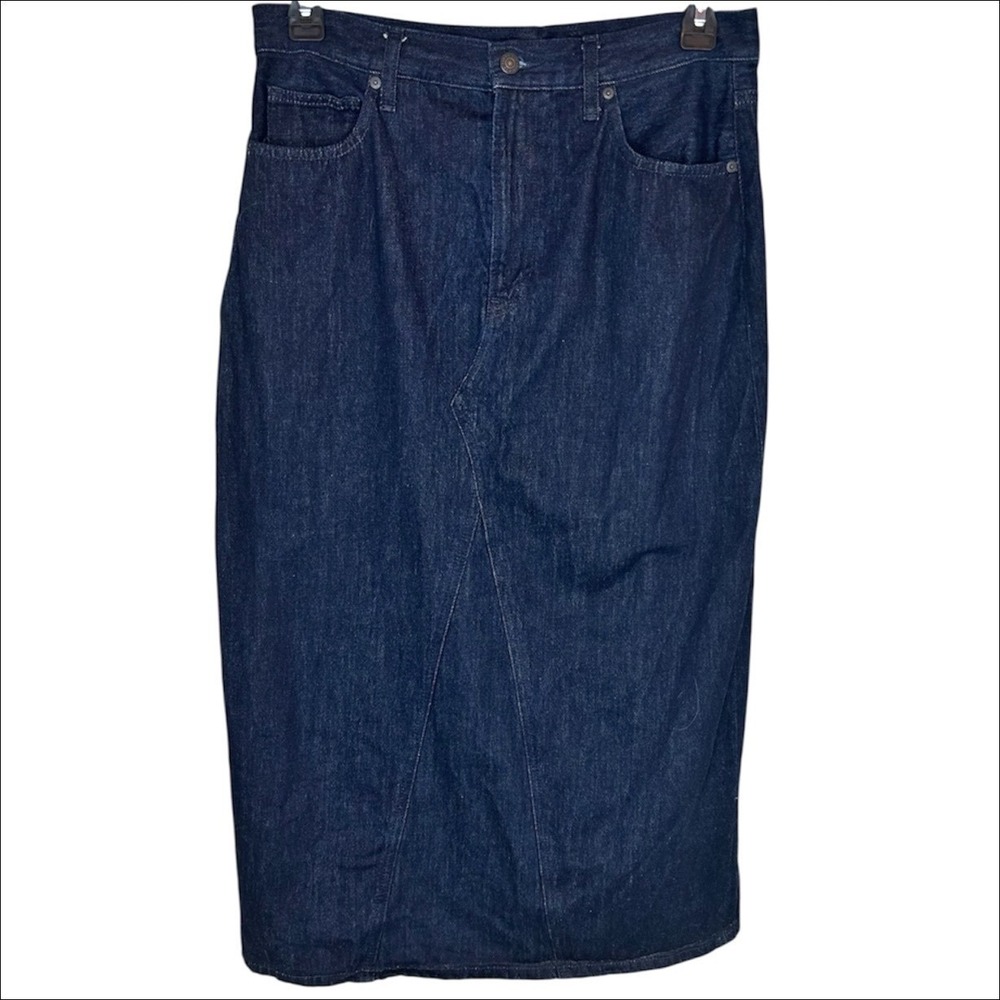 Uniqlo Denim Midi Jean Skirt 12 L Dark Blue High Waist Cotton Country Western - Picture 2 of 6